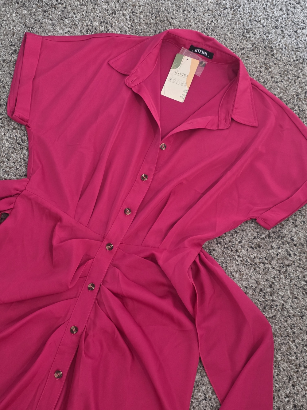 Button-Front Hot Pink/ Fuchsia Shirt Dress with Waist Tie - Picture 2 of 9